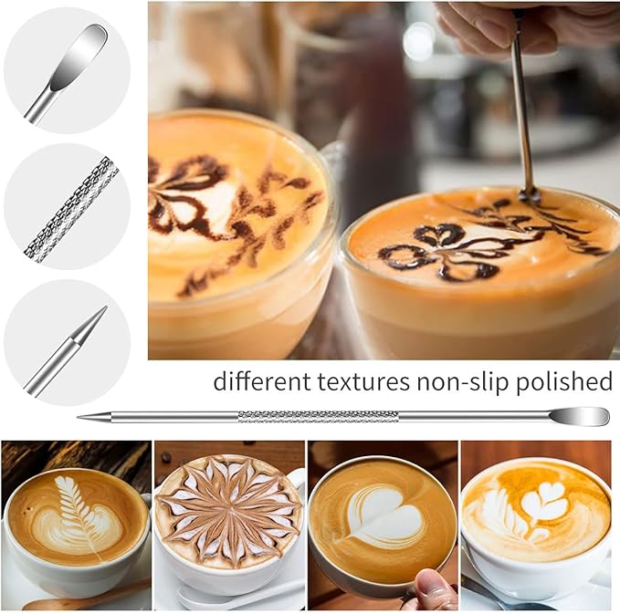 4Pieces Stainless Steel Milk Frothing Pitcher Set, Latte Art Barista Steaming Pitchers Set -Include Milk Frother Cup, Latte Art Pen, Powder Shaker, 5pcs Coffee Decorating Stencils (600ml/20oz)