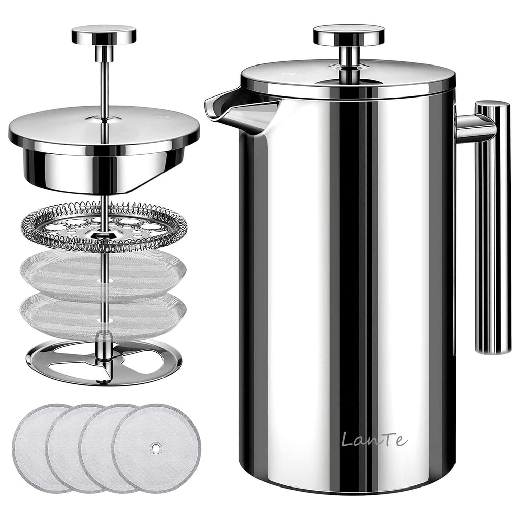 LANTE French Press Coffee Maker, Double Insulated 304 Stainless Steel Coffee Tea Maker 4 Level Filtration System, No Coffee Grounds, Rust-Free, Dishwasher Safe, 1000ml