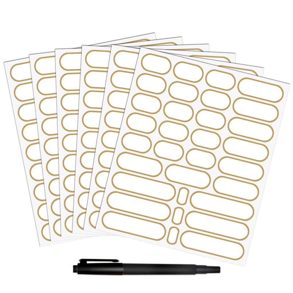 192pcs Removable Bottle Labels Waterproof Self-Adhesive Kitchen Home Edit Food Label Stickers with Gold Border for Food Containers Mason Jars Storage Bins Daycare Organization,with Marker Pen