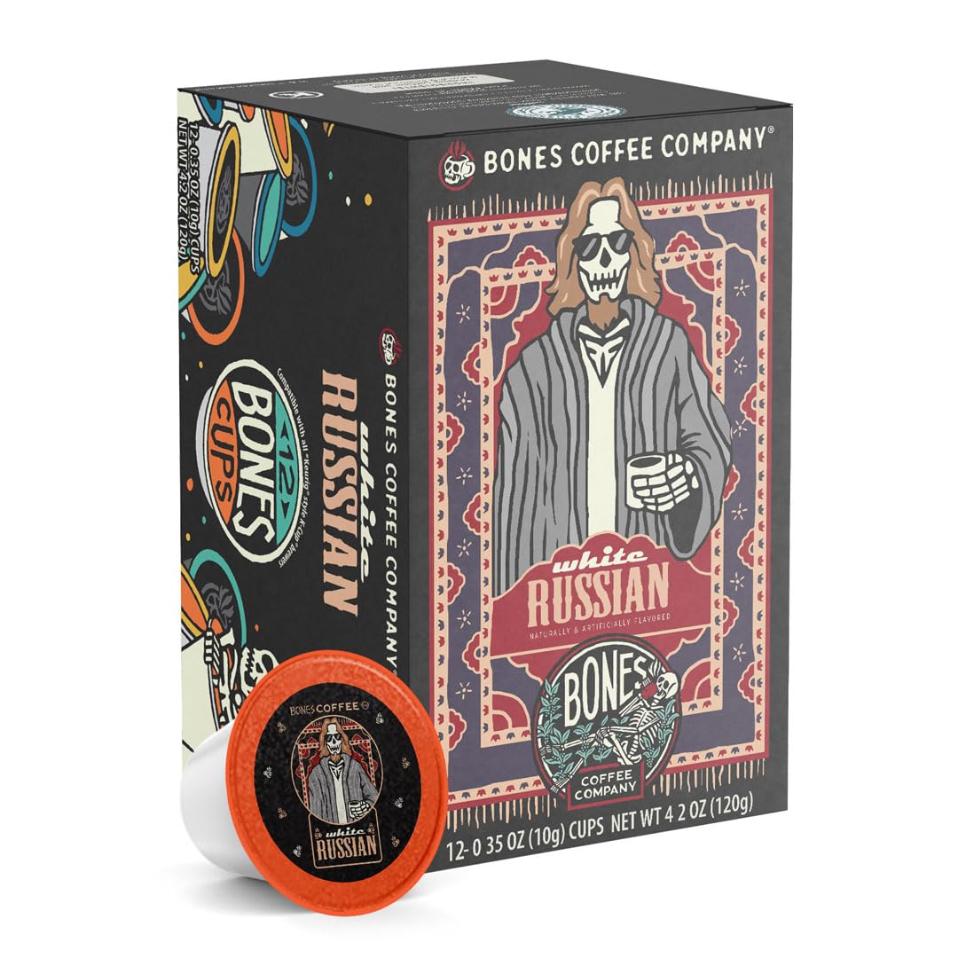 Bones Coffee Company Flavored Coffee Bones Cups White Russian Flavored Pods | 12ct Single-Serve Coffee Pods Compatible with Keurig 1.0 & 2.0 Keurig Coffee Maker