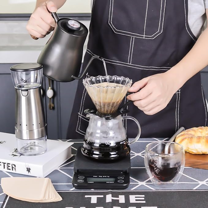 SOTECH Electric Coffee Maker Set with Electric Grinder Glass Dripper Server Steel Kettle Filter Paper Travel Bag for Outdoor Travel BBQ Picnic