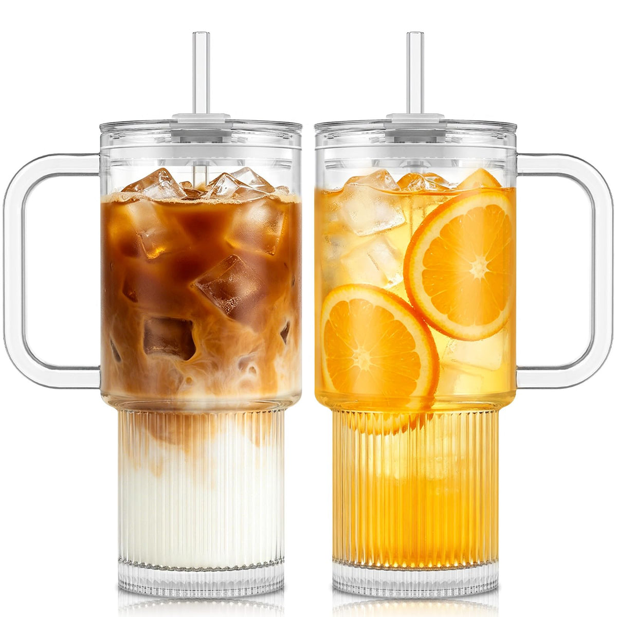 KEMORELA 24oz Ribbed Glass Tumbler with Handle & Lid – 2-Pack iced coffee cups with lids reusable, Coffee Bar Accessories for Cold & Hot Beverages, Aesthetic Travel Cup for Smoothies, Tea, and Juice
