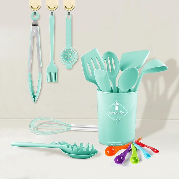 18 Pcs Cooking Utensils Set, Kitchen Utensils Set with Utensil Holder, 446°F Heat Resistant Silicone Spatula Set, Kitchen Gadgets Tools Set for Nonstick Cookware BPA FREE