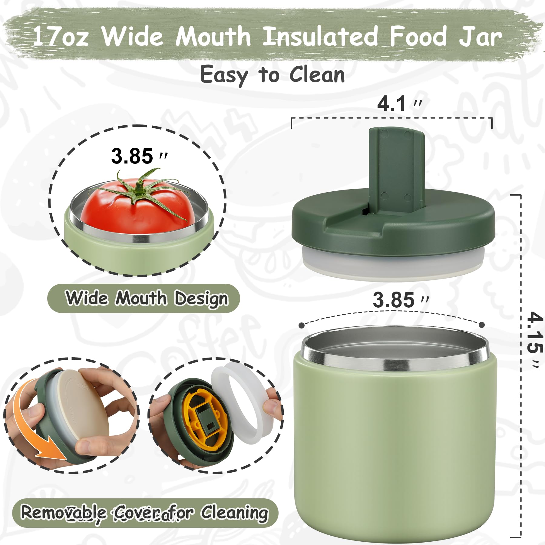 Pawtong 19oz Insulated Vacuum Food Jar with Buckle Lid Wide Mouth Soup Thermo for Hot Food Kids Leakproof Stainless Steel Lunch Container- Green-1Pack
