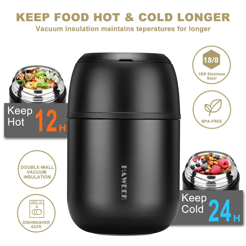 HAWEEK 17oz Insulated Food Jar with Spoon,Stainless Steel,Pure Black