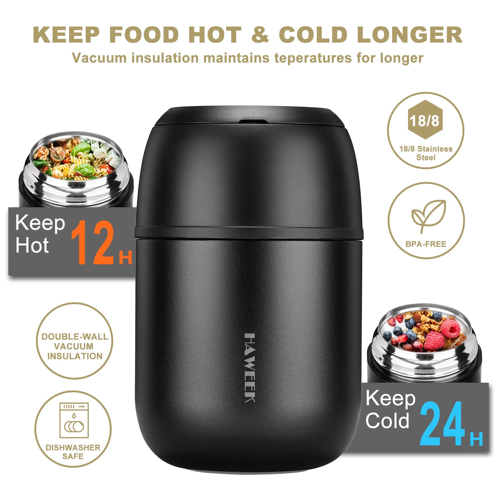 HAWEEK 17oz Insulated Food Jar with Spoon,Stainless Steel,Pure Black