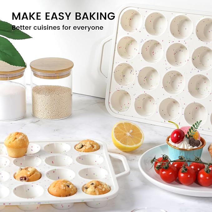 Vinino Mini Muffin Pan with Metal Reinforced Frame-1Pack, Silicone Cupcake Pan for Baking 24 Cup Mini Size, BPA Free Silicone Muffin Tray, Cupcake Baking Pan Molds for Oven Dishwasher Safe-Cream