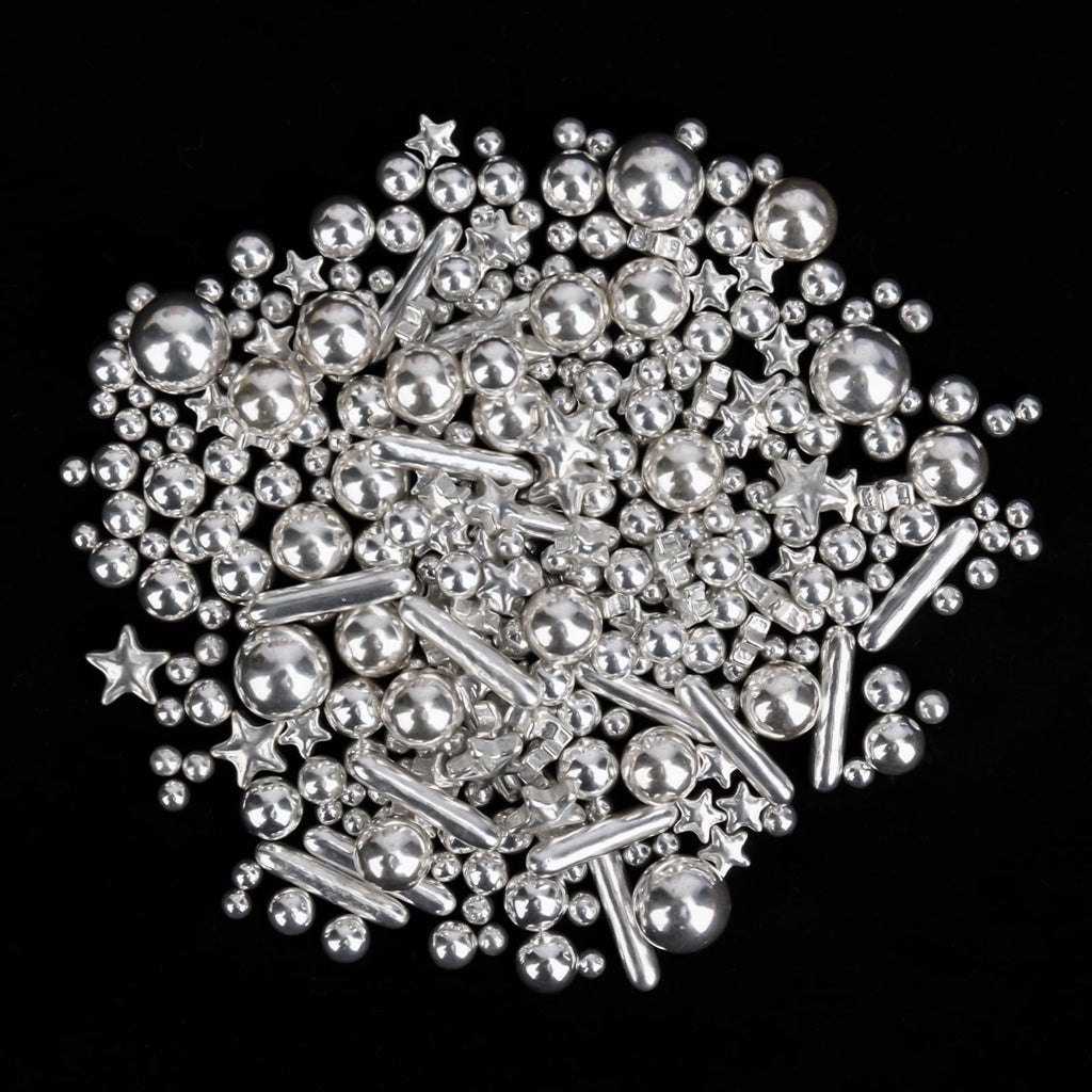 Twisweet Silver Pearl Rods Star Sprinkles, Edible Sugar Sprinkles for Cake Decorating, Mix Size Candy Pearls for Baking Cake Topper Ice Cream Cupcake Cookie Dessert Decorations, Wedding Valentines Birthday Christmas Easter Supplies (130g/4.58oz)