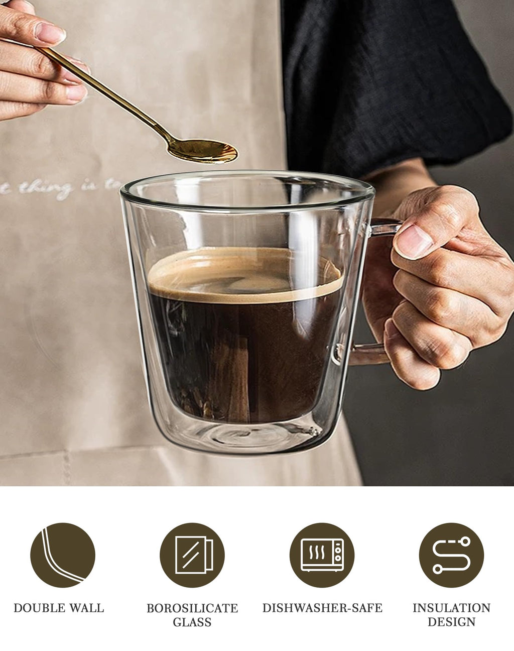 LIBWYS 12oz Double Wall Glass Coffee Mugs, Cappuccino Latte Tea Cups with Handle, Heat Resistant Borosilicate Insulated Clear Glasses (Set of 6)