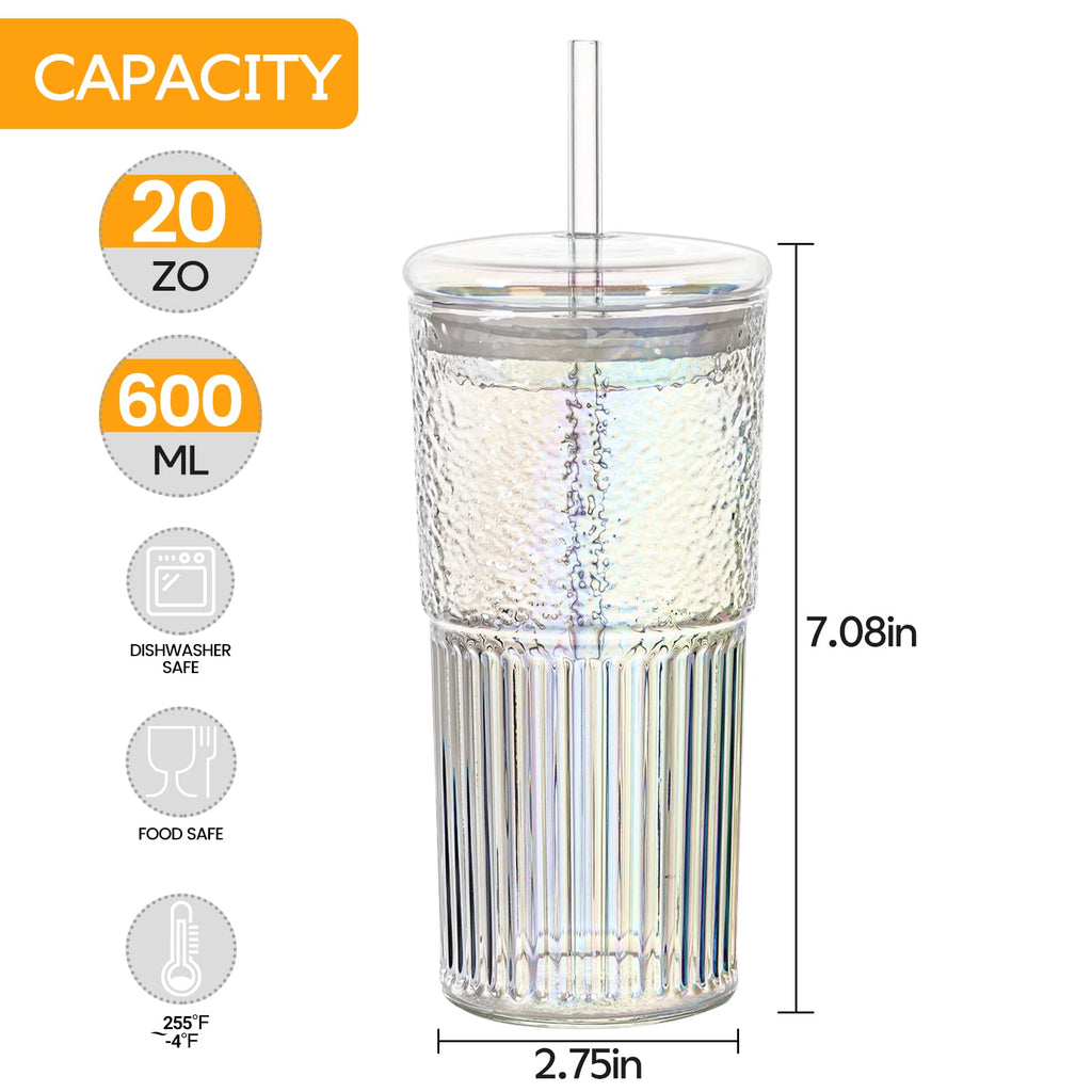 QWEZXO Colorful High Borosilicate Glass Cups With Lids and Glass Straws，20 OZ Rainbow Iced Coffee Water Tumbler Smoothie
