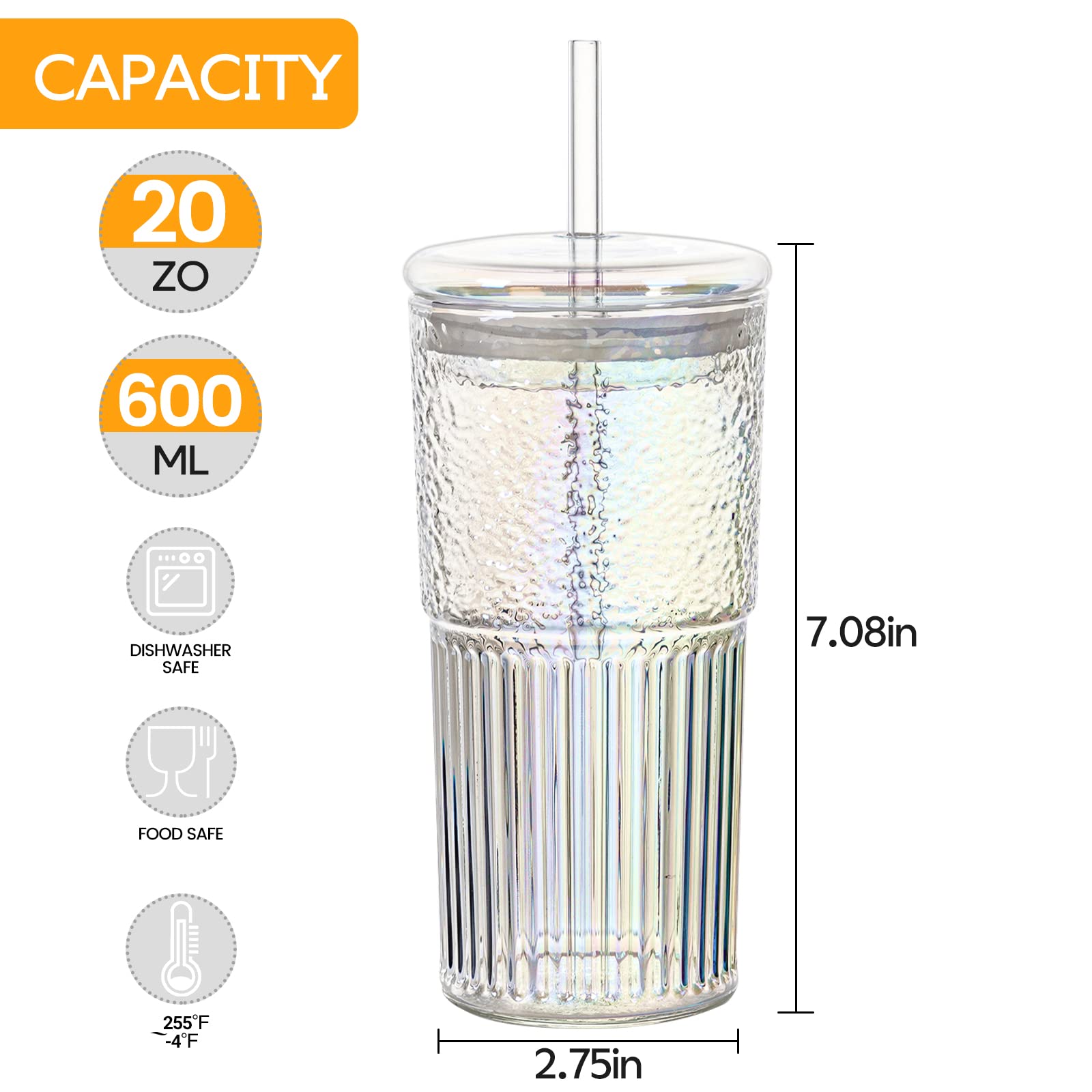 QWEZXO Colorful High Borosilicate Glass Cups With Lids and Glass Straws，20 OZ Rainbow Iced Coffee Water Tumbler Smoothie