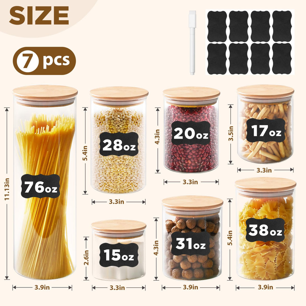 SHOWIN Glass Food Storage Jars, Glass Jars with Bamboo Lids, Kitchen Storage Jars, Canisters with Airtight Lids for Spice, Coffee, Cookie, Set of 7, Pantry Organizers