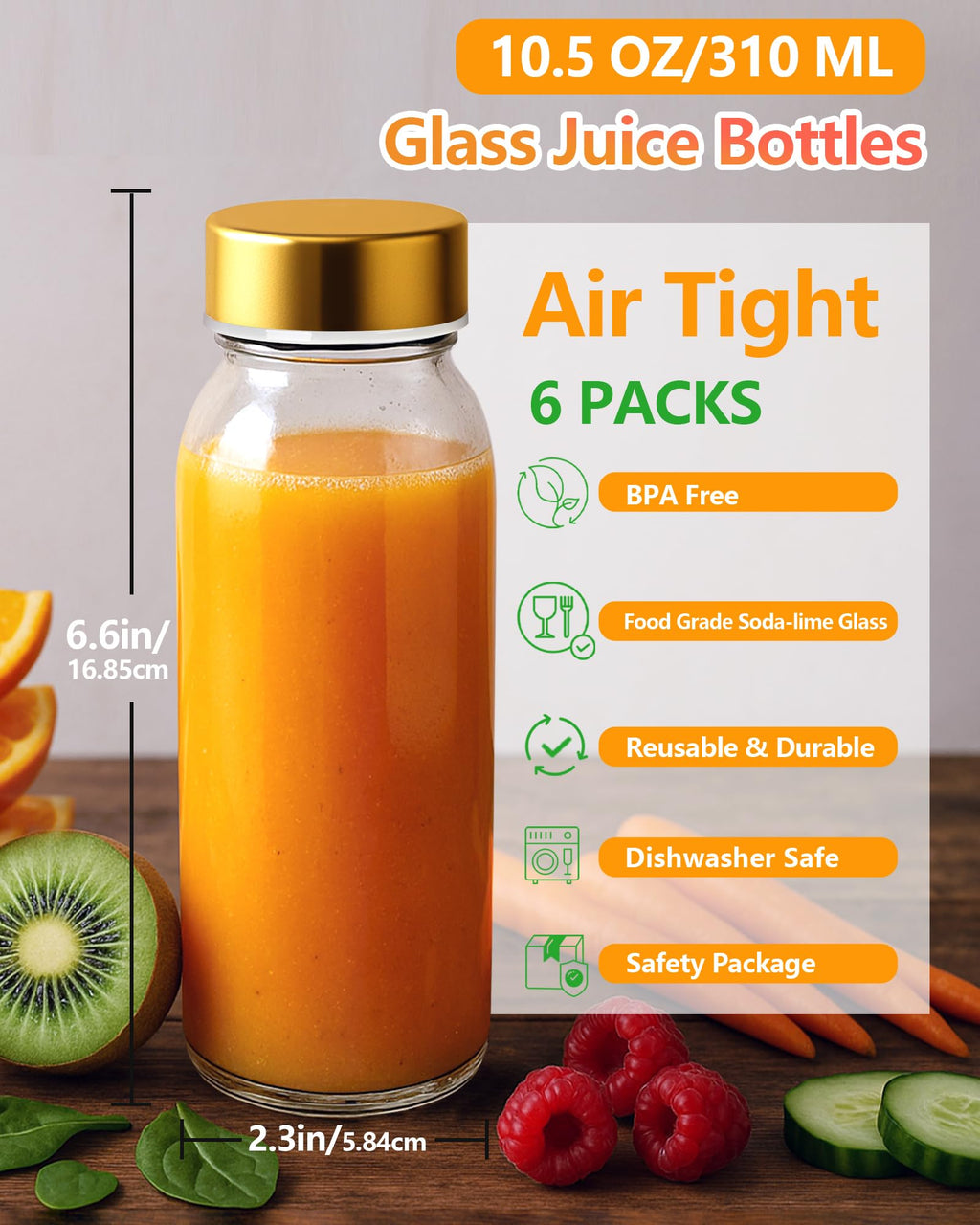 Zukro 10.5 oz Glass Juice Bottles with Stainless Steel Lids, Leak Proof