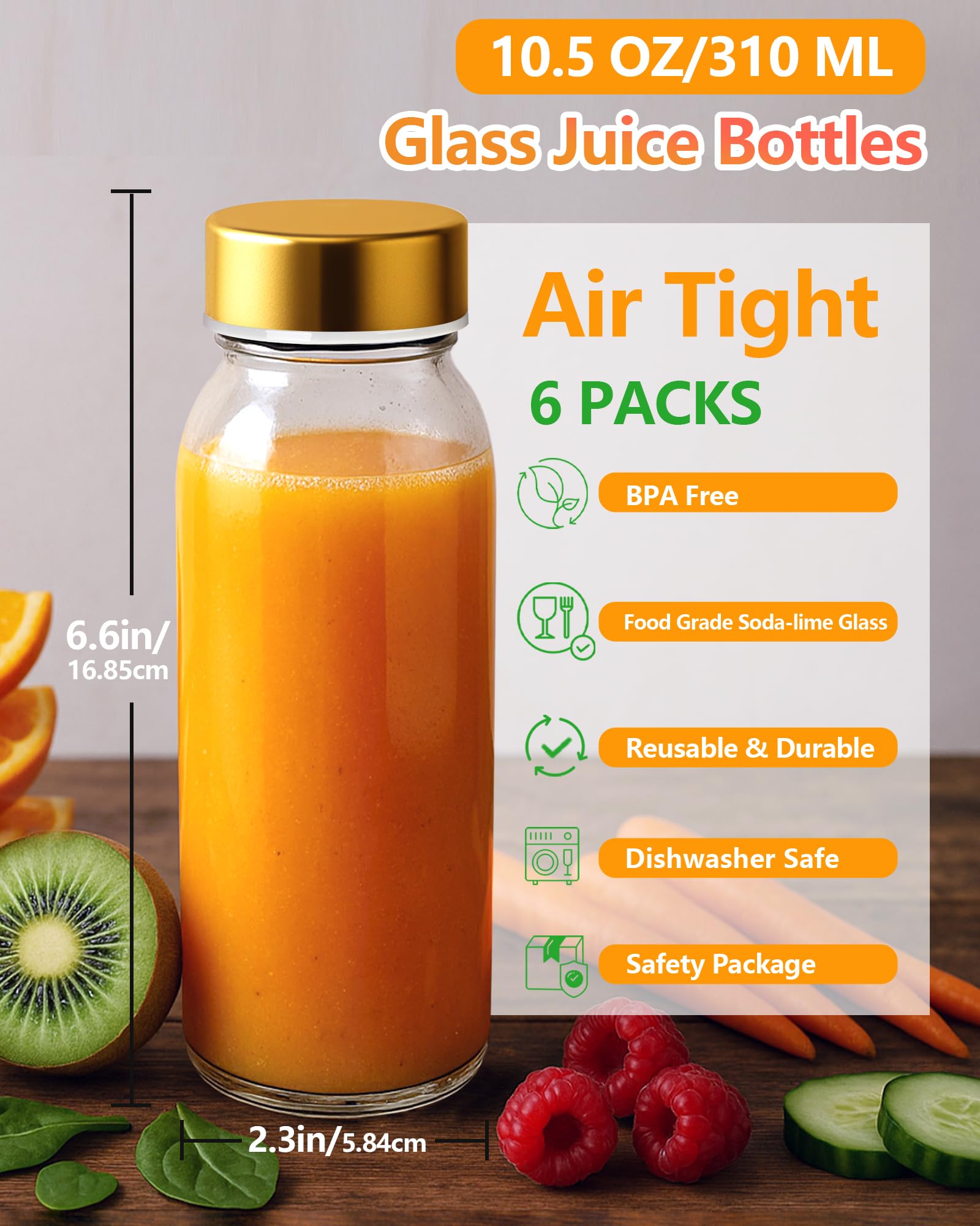 Zukro 10.5 oz Glass Juice Bottles with Stainless Steel Lids, Leak Proof