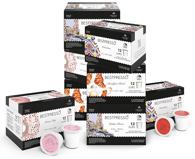 Bestpresso Coffee, Variety Pack Single Serve K-Cup Pods, 96 Count. Includes Breakfast, Colombian, Donut and Italian (Compatible With 2.0 Keurig Brewers) 8 Packs Of 12 Cups