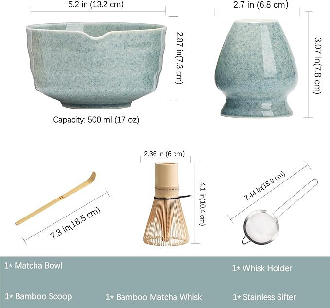 Matcha Set, Matcha Whisk Set Includes Matcha Bowl, Matcha Whisk Holder, Bamboo Matcha Whisk, Scoop and Matcha Sifter, 17 oz Mottled Blue Glaze Ceramic Matcha Kit for Tea Lovers