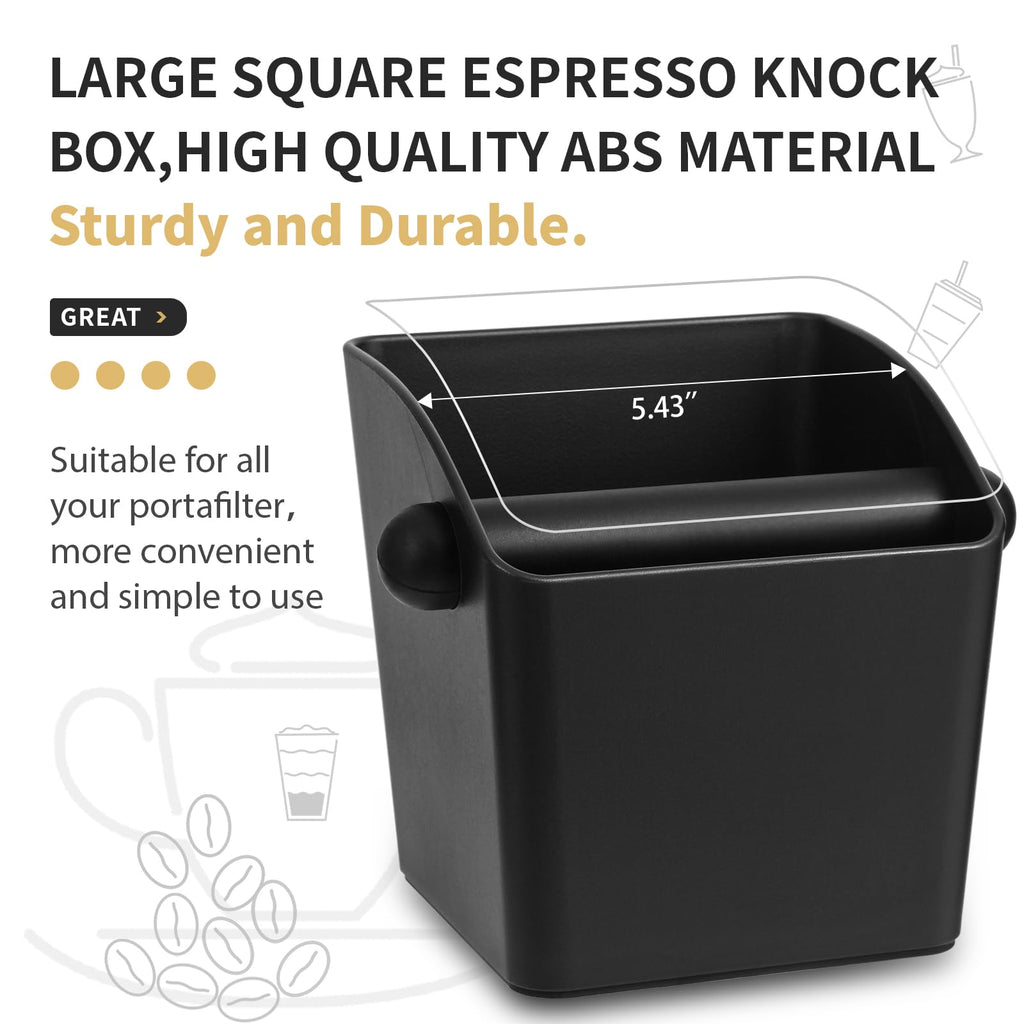 IAOSEN Large Square Knock Box Shock-absorbent Knock Box Espresso with Removable Knock Bar and Non-Slip Base Espresso Accessories for Home/Office (Large Black Knock Box)