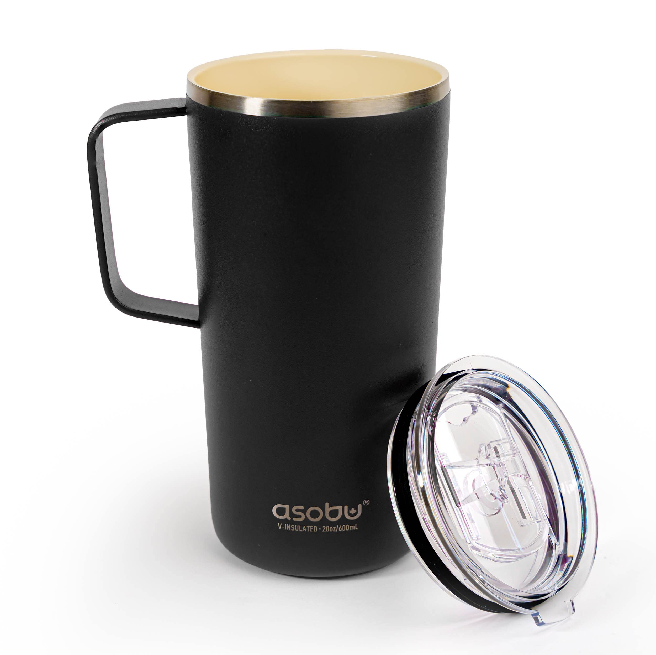 asobu Tower Mug Ceramic Inner Coated Insulated Stainless Steel Cup for Pure Tasting Coffee with Easy Hold Handle and Tritan Lid Fits Standard Cup Holders 20 Ounce Travel Mug (Black)