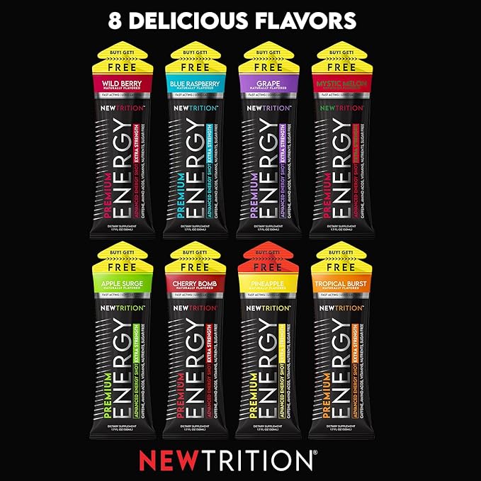 NewTrition® Extra Strength Energy Shots, 250mg Caffeine Energy Shots with Vitamin B & Amino Acids, Sugar-Free Vitamin Energy Shot, 1.7 fl oz (Pack of 6, Cherry Bomb)