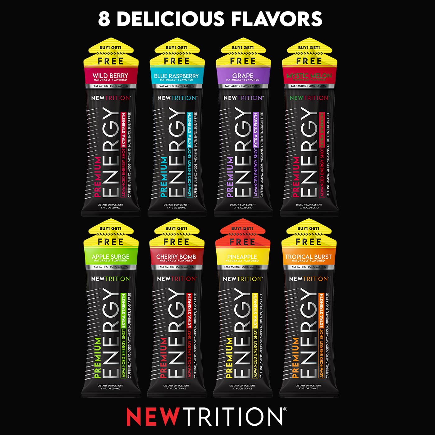 NewTrition® Extra Strength Energy Shots, 1.7 fl oz - 250mg Caffeine with Vitamin B & Amino Acids, Sugar-Free, Zero Calorie Vitamin Energy Drink for Focus & Endurance (Pack of 24, Grape)