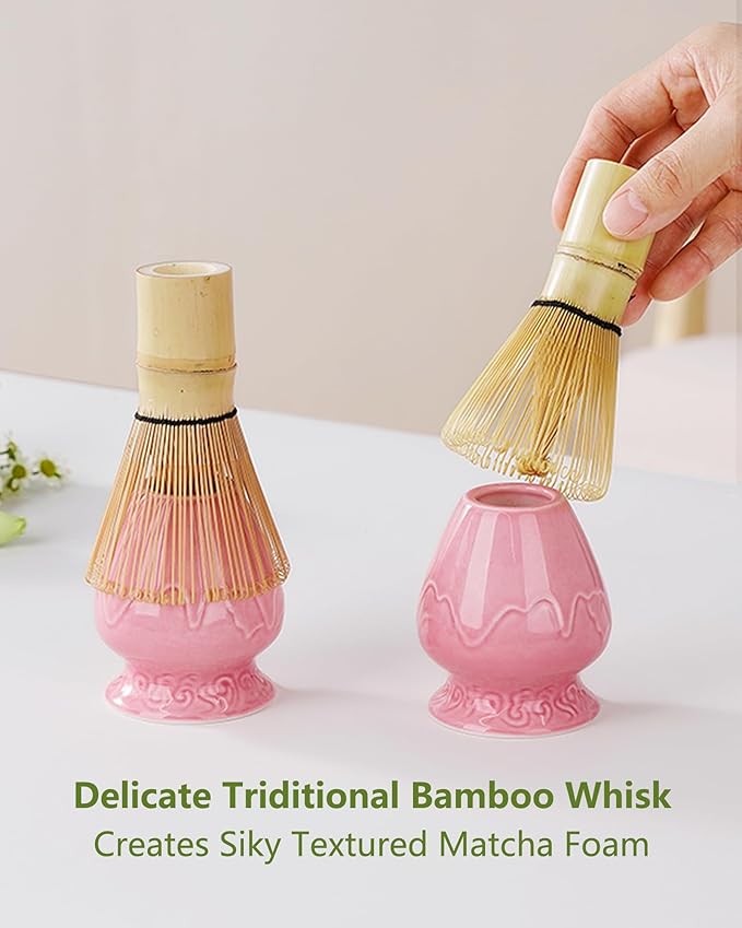 ZENS Pink Matcha Set, Matcha Whisk Set Includes 15oz Ceramic Bowl and Matcha Cup for Bamboo Whisk, (Chasen Holder), Scoop, Sifter and Tea Towel, 7pcs Matcha Kit for Matcha Lovers
