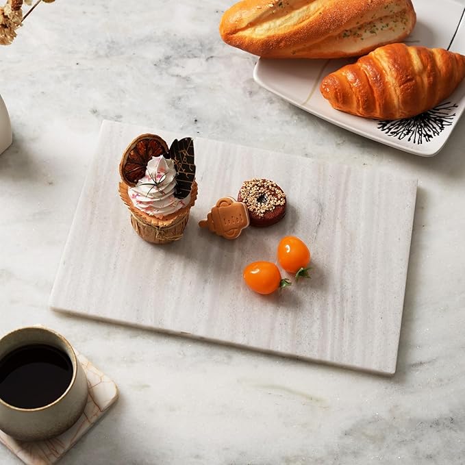 Koville Natural Marble Cutting Board for Kitchen Countertop, 12" x 8" Pastry Bread Macaron Display Board, Real Stone Slab Marble Cheese Boards, Bathroom Perfume Tray Candle Plate(Nestos White)