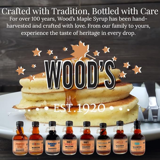 WOOD'S Pumpkin Spice Maple Syrup – Small-Batch Vermont Maple Syrup Infused with Cozy Fall Spices | Natural, Vegan Sweetener for Coffee, Pancakes, Baking & More | 8.45 Fl Oz (250mL)