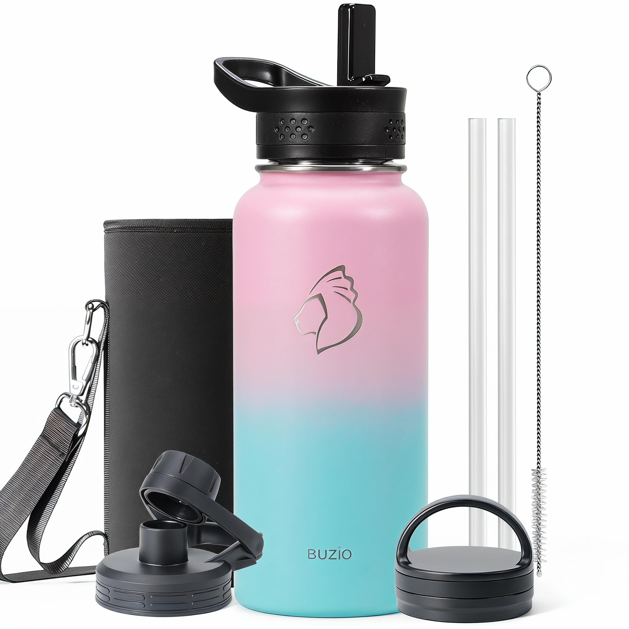 BUZIO 32 oz Water Bottle Insulated with Straw & 3 Lids (Cold for 48 Hrs)