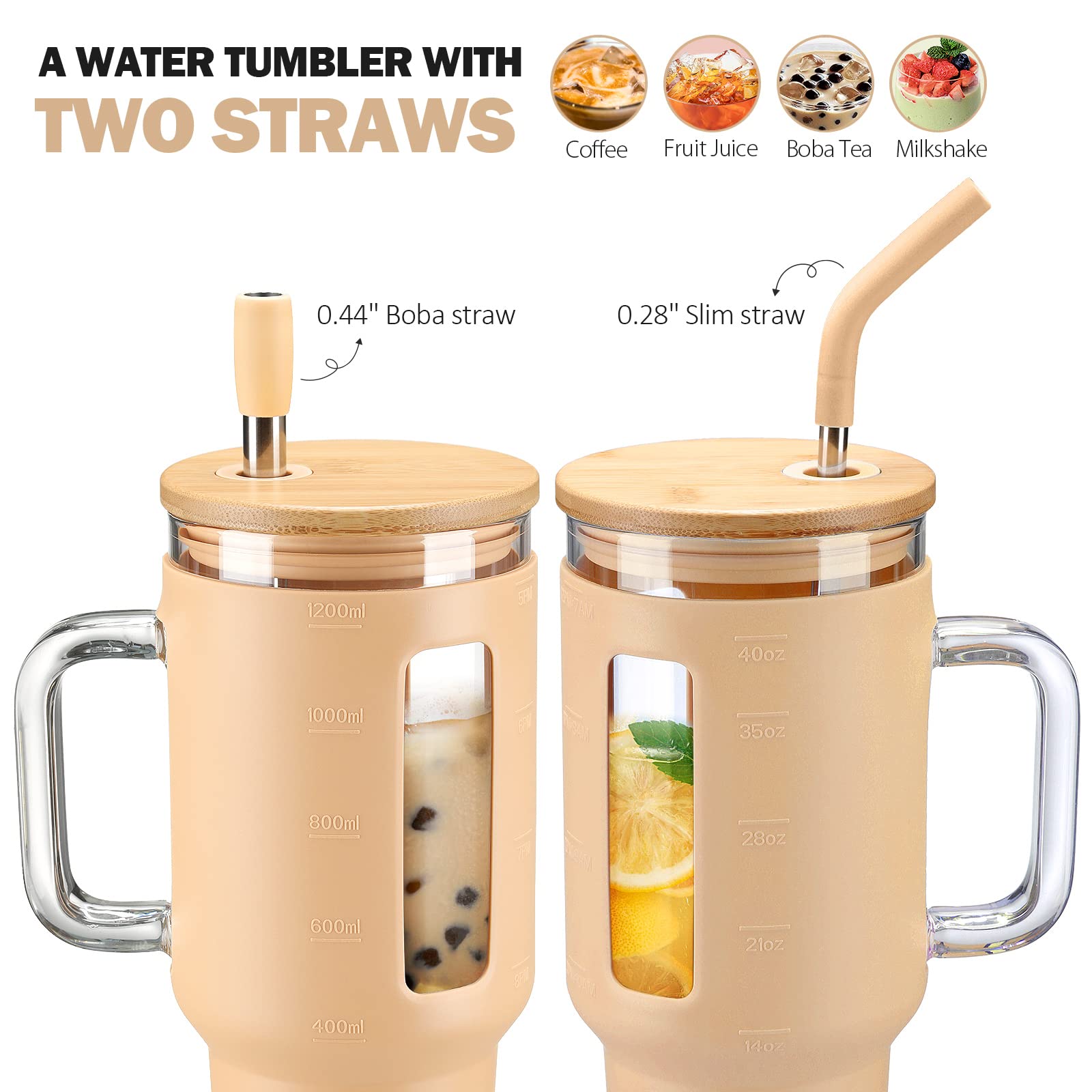 Kodrine 40 oz Glass Tumbler with Handle, Iced Coffee Tumbler with Straw and Bamboo Lid, Glass Drinking Cup with Silicone Sleeve Time Marker, Water Bottle Dishwasher Safe, Cup Holder Friendly, Amber