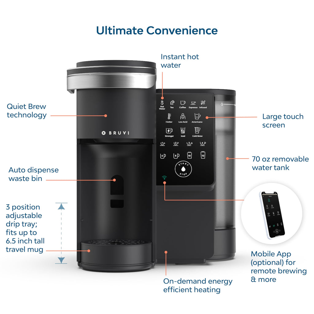 BRUVI Single-Serve Coffee Maker Bundle | Brews Coffee, Espresso, Cold Brew, Matcha Green Tea & More | Includes Brewer + 20 Variety Pods | Touchscreen, WiFi, 70 oz Tank | Black
