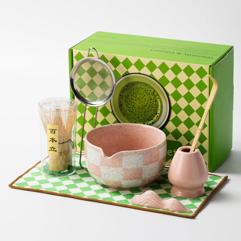 Premium 7-Piece Matcha Tea Set – Traditional Japanese Style with Elegant Grid Pattern, Includes Bamboo Whisk, Ceramic Bowl, Scoop & More – Perfect for Matcha Lovers & Tea Ceremony (Pink grid)