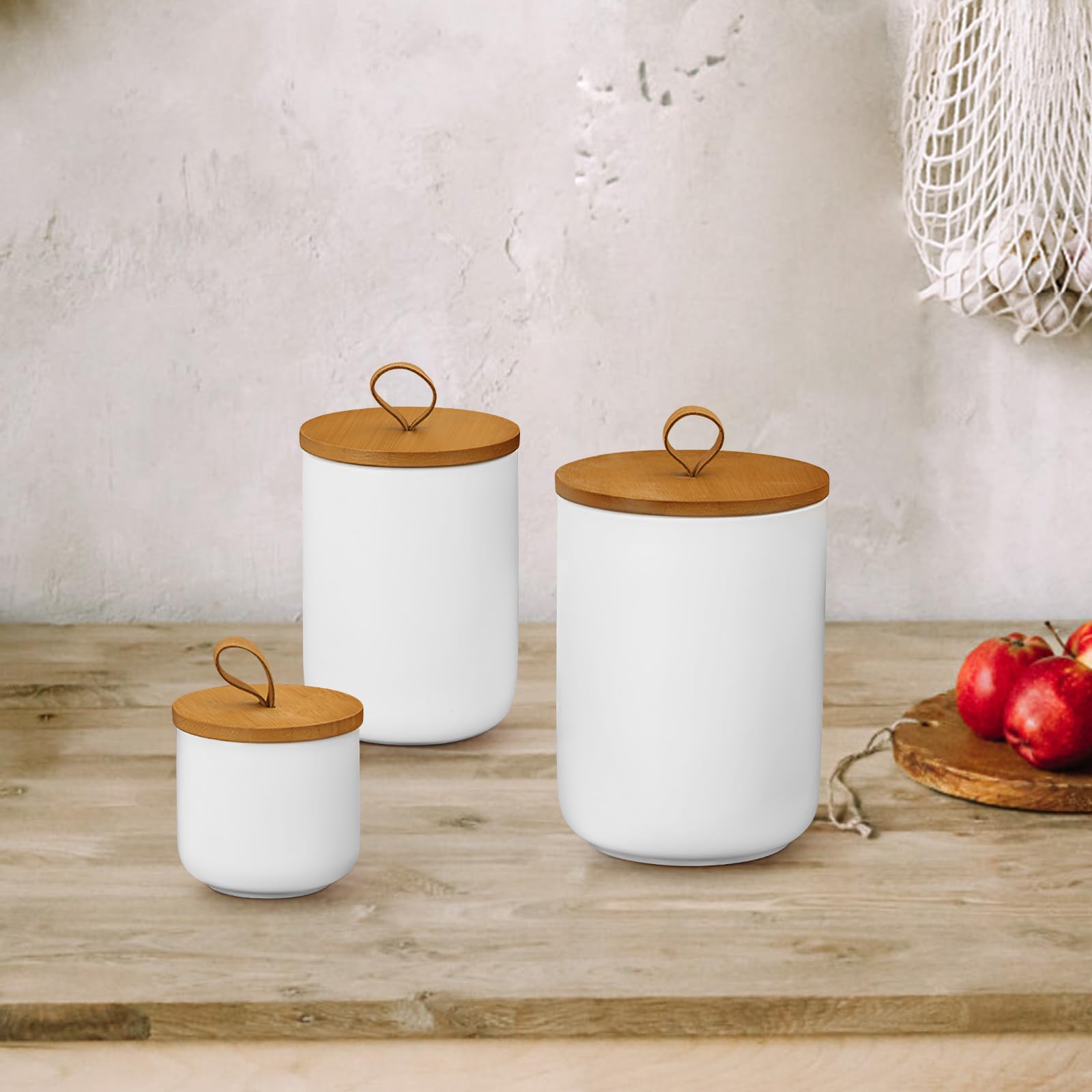 Jueison Ceramic Storage Jars, Modern Airtight Canisters with Wooden Lid (White trumpet)