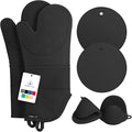 Rorecay 6pcs Oven Mitts and Pot Holders Sets Heat Resistant 500 Degrees, Extra Long and Non-Slip Silicone Oven Gloves Potholders Hot Pads for Kitchen Baking Cooking, Quilted Liner, Black