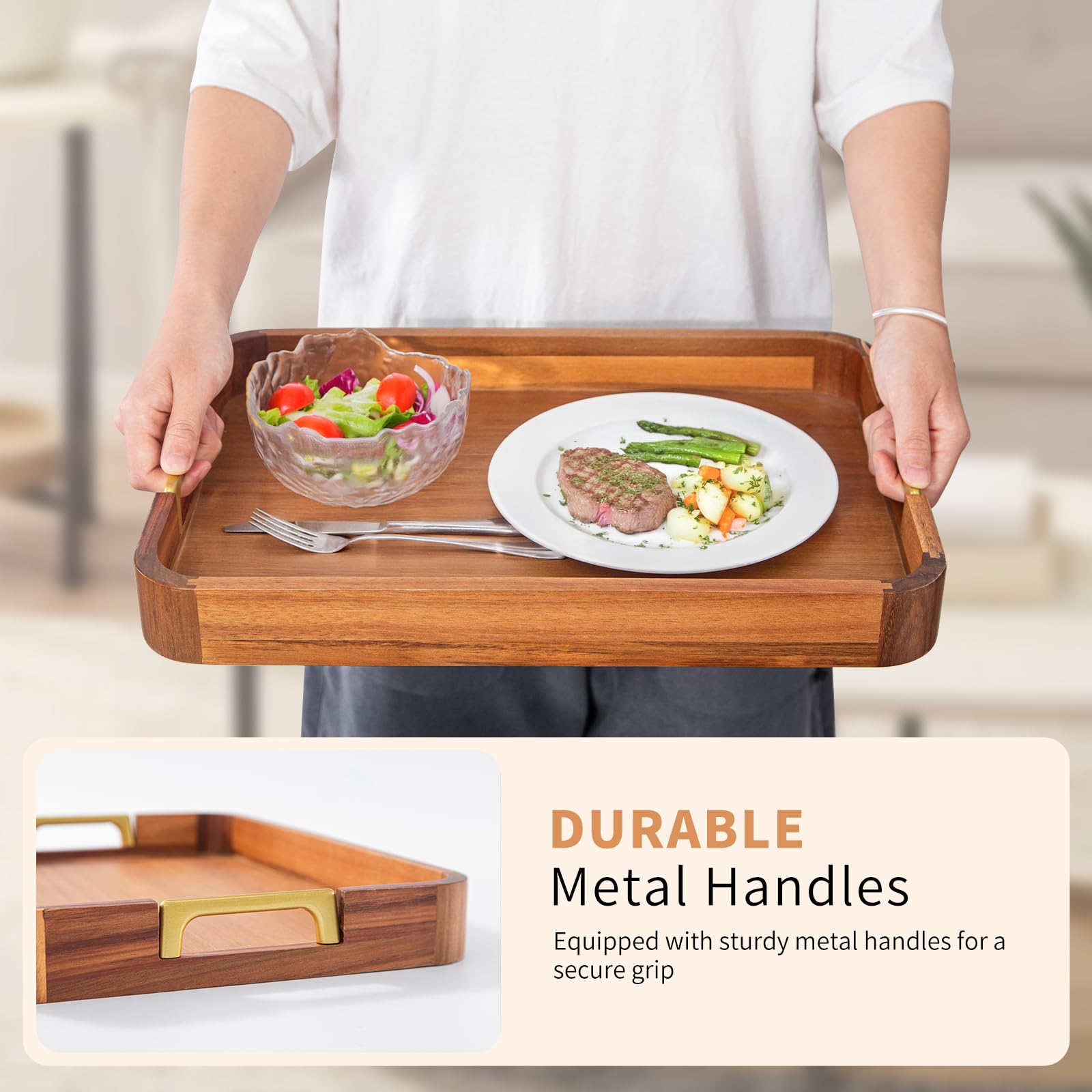 Acacia Wood Serving Tray with Metal Handles, 17x12in Food Drinks Tray for Coffee Table, Breakfast, Dinner & Bar, Rustic Decorative Storage Tray for Ottoman, Kitchen, Parties