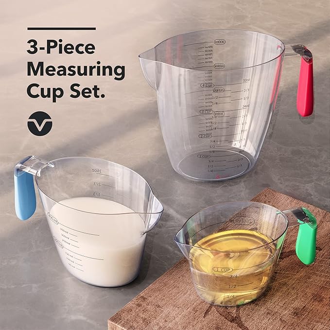 Vremi 3 Piece Plastic Measuring Cups Set - BPA Free Liquid Nesting Stackable Measuring Cups with Spout and Decorative Red Blue and Green Handles - includes 1, 2 and 4 Cup with Ml and Oz Measurement