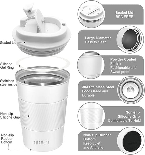 12oz Travel Coffee Mug Spill Proof, Insulated Coffee Mug with Lid, Leakproof Coffee Tumbler,Stainless Steel Vacuum Coffee Cup for Hot/Cold Drinks, Reusable Coffee Cup for Men Women -380ml,White