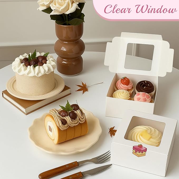 OAMCEG 80 Pack Cookie Boxes with Window 6x6x3 Inches White Cupcake Boxes, Bakery Treat Boxes with Stickers & Twine for Pastry, Desserts, Strawberries, Cupcakes, Gift Giving