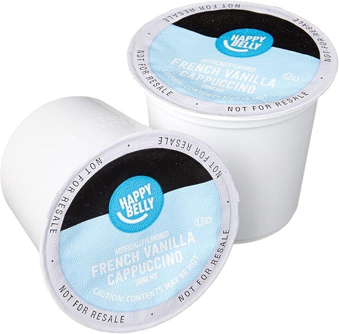 Amazon Brand - Happy Belly Cappuccino Coffee Pods Light Roast Compatible with 2.0 K-Cup Brewers, French Vanilla Flavored, 24 Count, 1.5 pound (Pack of 2)