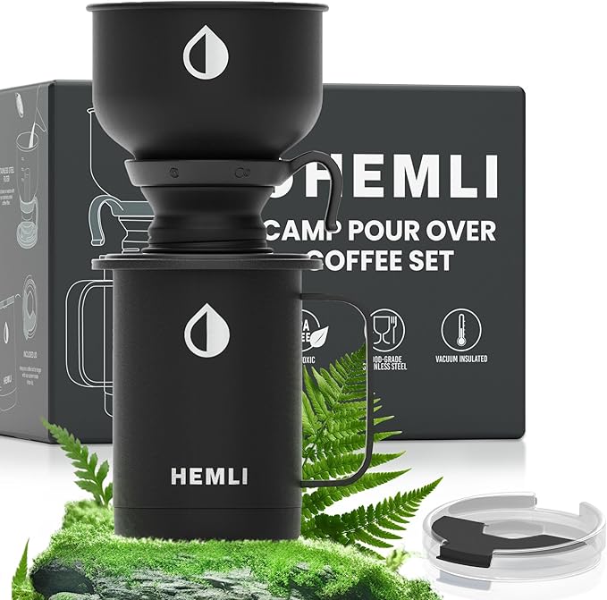 Hemli 16 oz Pour Over Camp Coffee Maker Set– Vacuum Insulated Mug with Leakproof Lid, Stainless Steel Micro Filter, Portable Coffee Maker for Camping, Travel & Outdoor Adventures