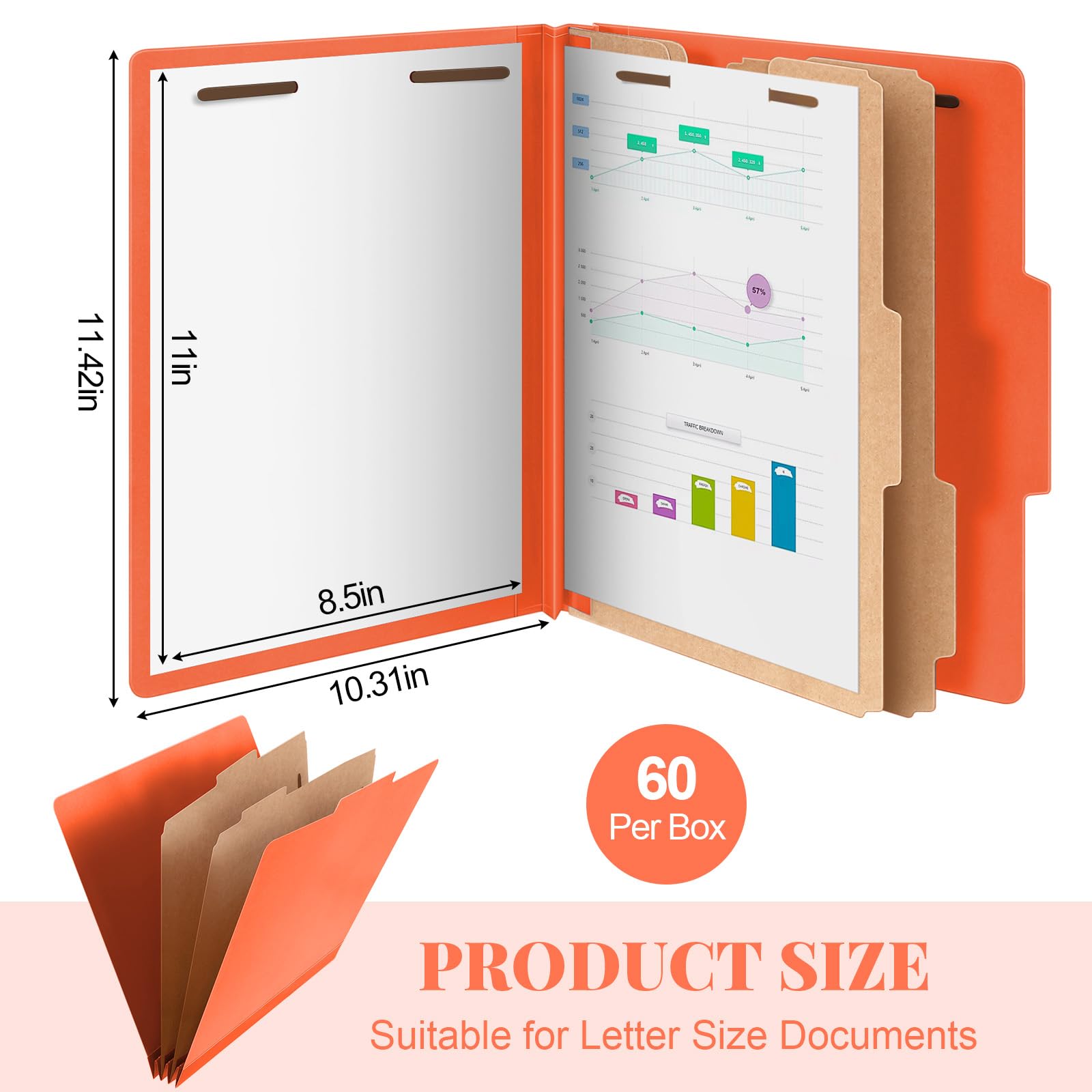 Skyygemm 60 Pcs Classification Folders Letter Size, 2 Divider Pressboard File Folders with 3. 5 Inch Expansion, 2 Prongs Fastener, Heavy Duty Office File Organizers for Teachers, Medical (Orange)