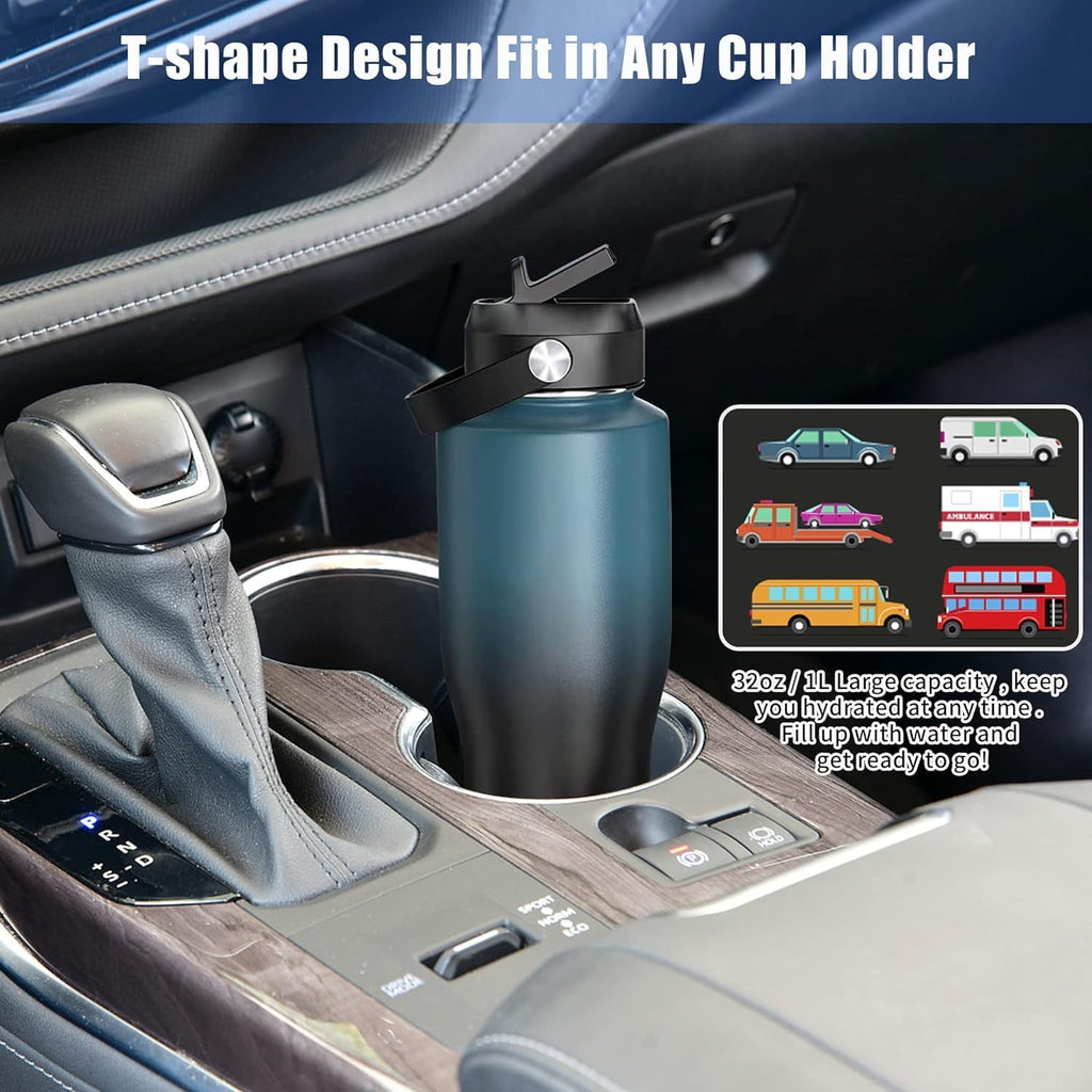 HYDROWION Water Bottle Stainless Steel,Vacuum Insulated Leak Proof Tumbler 32oz with Straw Lid, Spout Lid and Flex Cap(Cold for 48 Hrs, Hot for 24 Hrs), Fit in Any Car Cup Holder, Wood