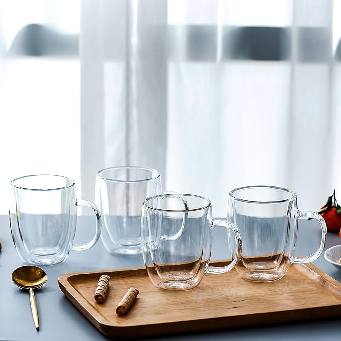 G Double Wall Coffee Mug Set of 4 With Handle, 12.4 oz Insulated Glassware Espresso Cups For Iced/Hot Tea Latte Beverages Large Cappuccino Borosilicate Drinking Glasses Tea Cup