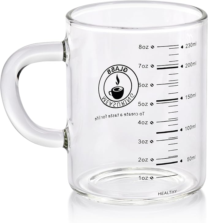 8 Oz Glass Measuring Cup, Espresso Shot Glasses, Clear Coffee Mugs for Hot or Cold Drinks With Handle, Microwave Safe Graduated High Borosilicate Cup (Black)