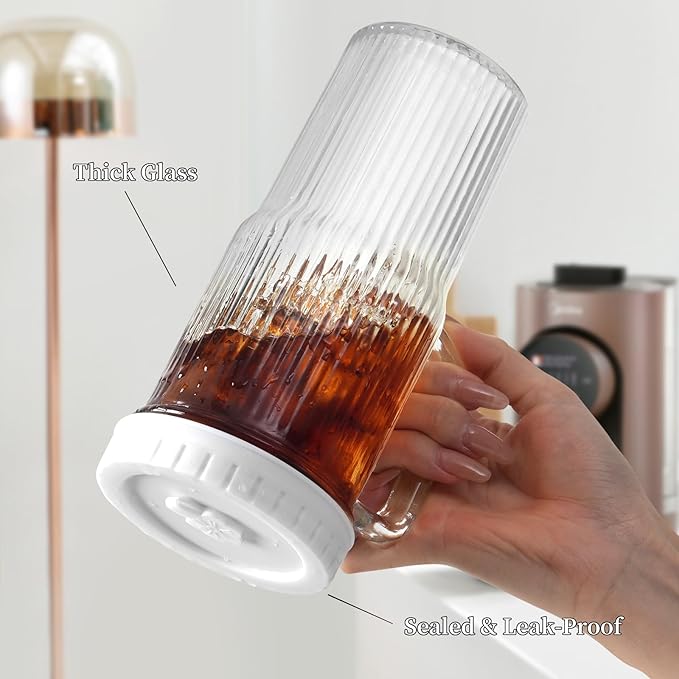 24Oz Ribbed Glass Tumblers with Lids and Straws, Glass Tumbler with Handle, Vintage Glass Cups Thick Drinking Glasses Set of 4, Ideal for Iced Coffee, Smoothies, Cocktails, Tea and Juices