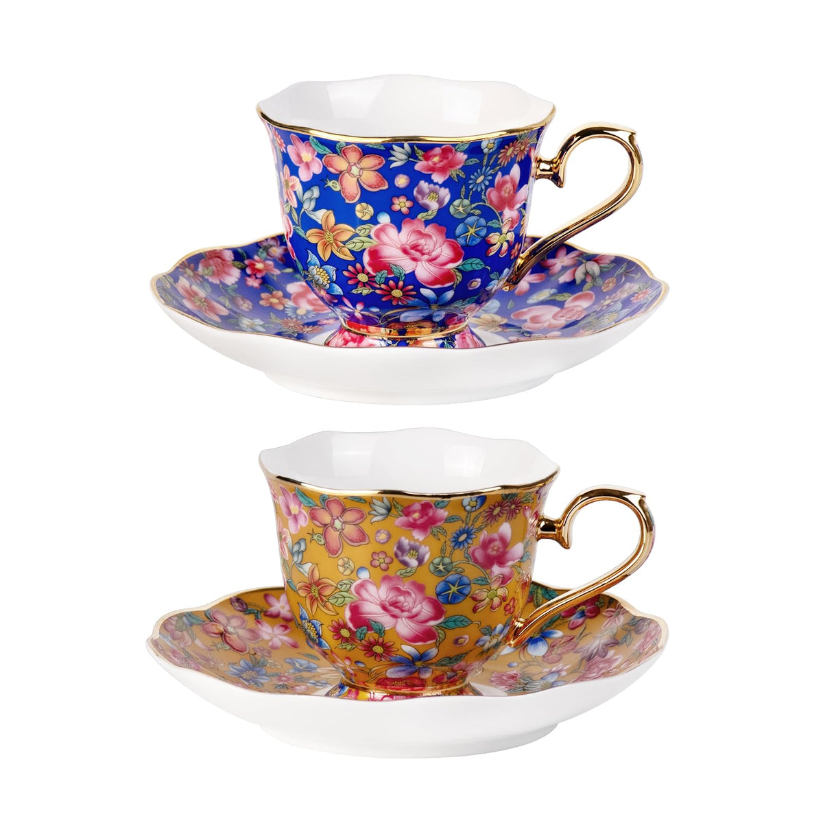 KAMMAK Tea Cup and Saucer, Ceramic Coffee Cups, 7.4 oz, Set of 2