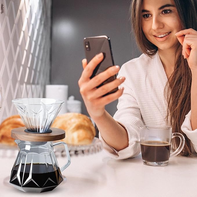 Pour Over Coffee Maker Set, 21 oz/620ml Glass Pour Over Coffee Dripper Filter Coffee Maker Kit Manual Grinder with Walnut Handle for Home Office Cafe Restaurant Camping (Grey)