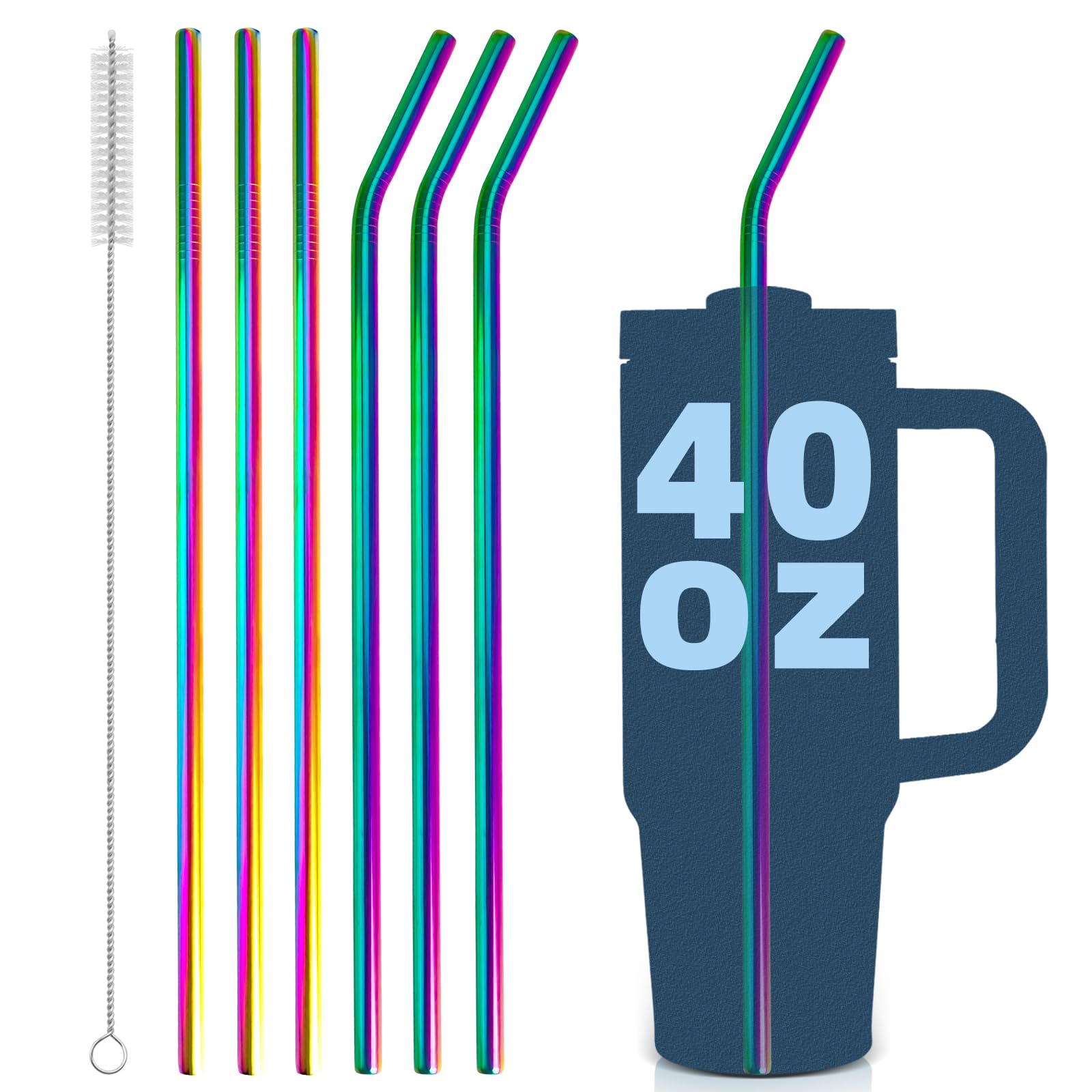 for Stanley Quencher 40oz Tumbler 6x Metal Stainless Steel Straws, 12inch Replacement Extra Long/Tall Straws for Stanley Cup 40oz Drinking Reusable Accessories (3x Straight & 3x Bent, Colorful)