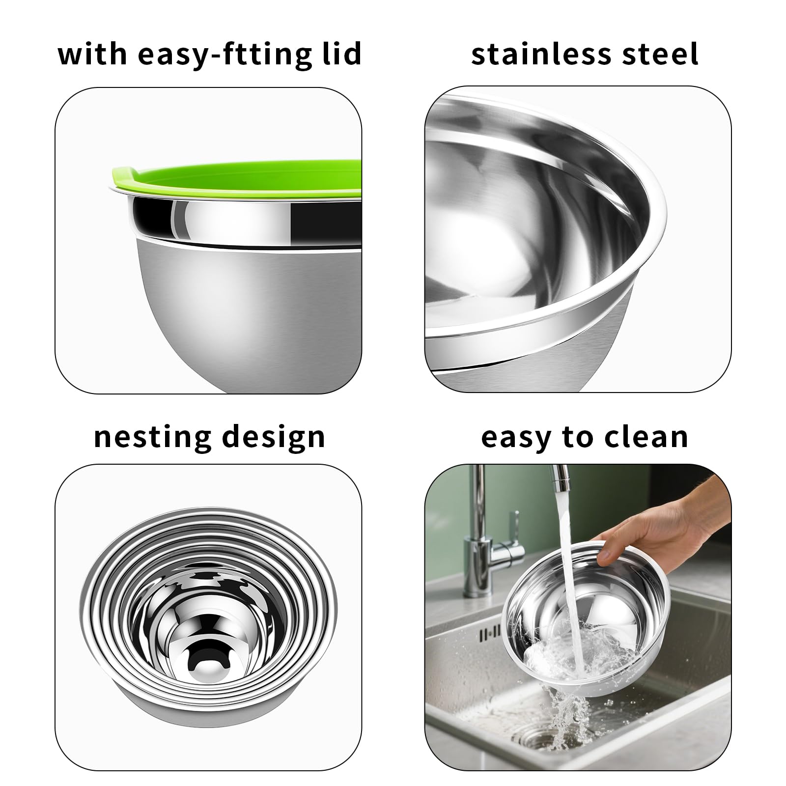 Lazycorner Mixing Bowls with Airtight Lids Set 5 Pcs Stainless Steel Bowls Set Baking Set Non-Slip Silicone Bottoms Great for Serving & Baking