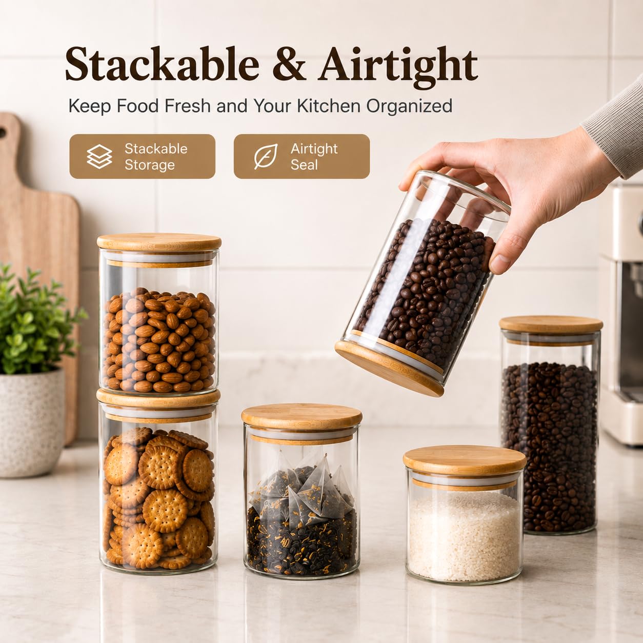 MOLFUJ 1200 ML / 40 FL Oz Glass Storage Container with Wood Lid, Stackable Clear Decorative Organizer Bottle Canister Pantry Jar with Air Tight Wooden Lid for Food, Coffee, Candy, Sugar, Salt, Tea