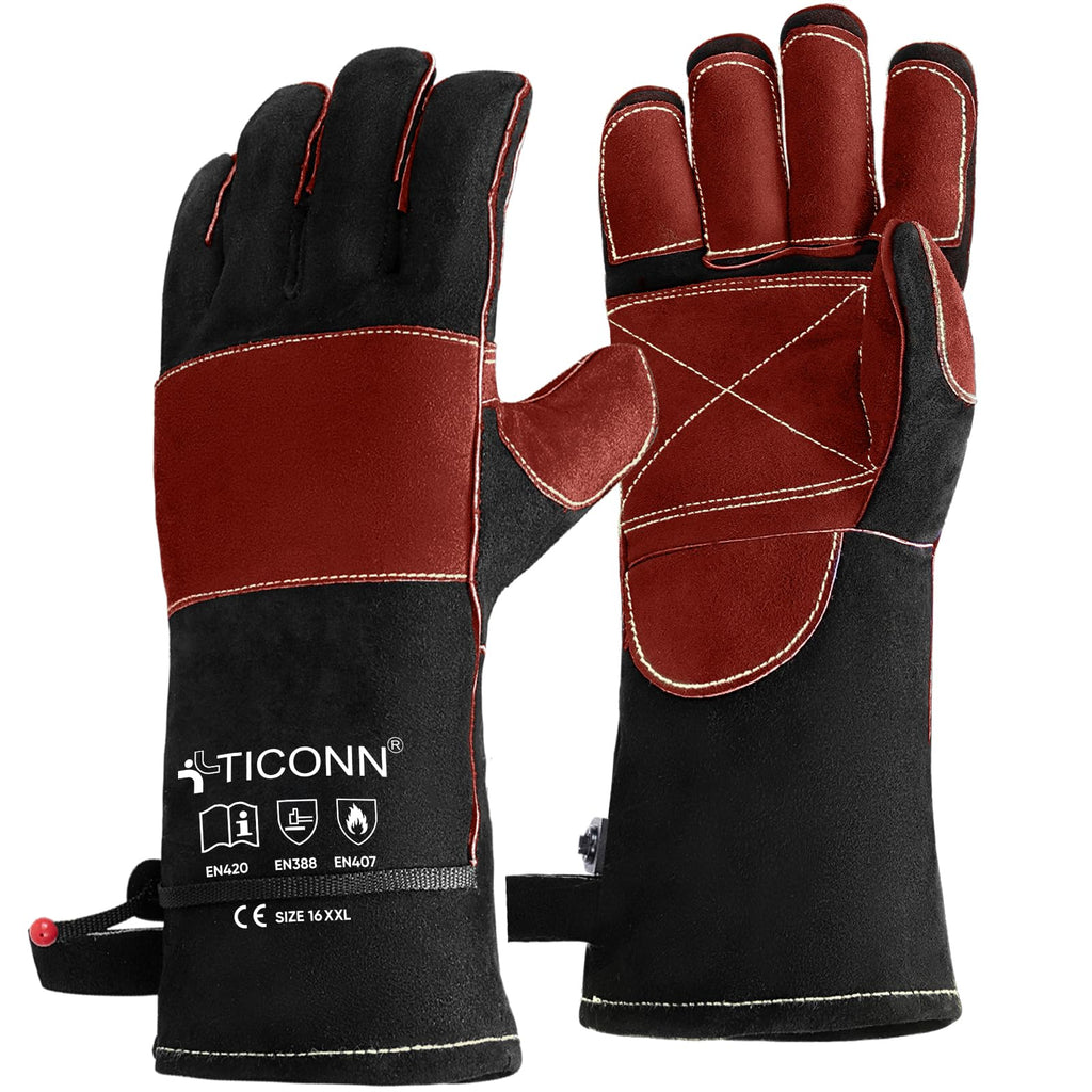 TICONN 16 Inch Welding Gloves, 1000°F Heat-Resistant Fireproof Leather Gloves for Welders, Stick, Forge, Mig, Tig, BBQ, Baking, Oven (Black/Red, XXL)